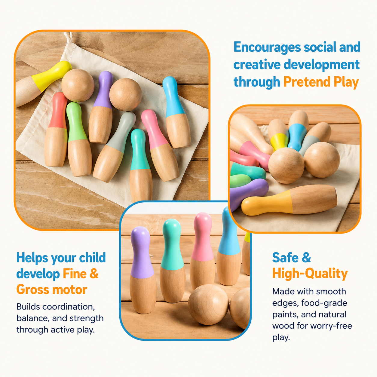 Montessori Rainbow Wooden Bowling Set