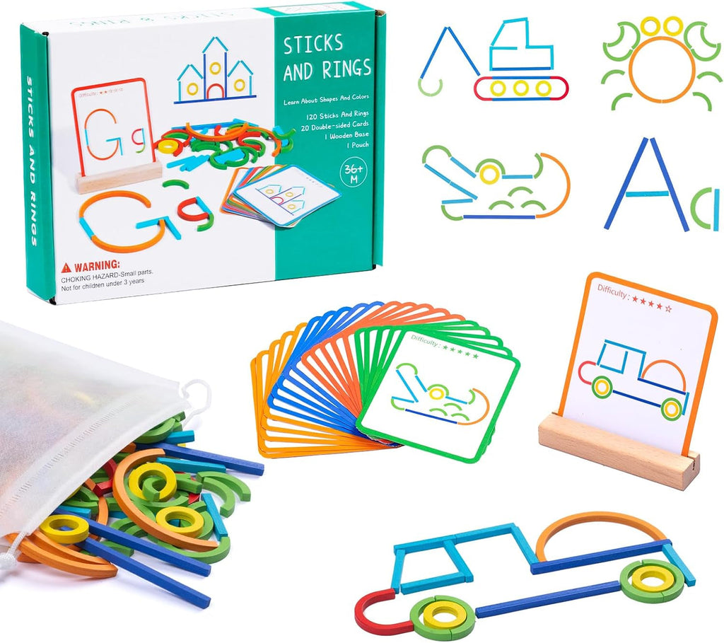 120Pcs Wooden Pattern Blocks Shape Puzzles Sticks & Rings Wooden Tangram Puzzle Stem Preschool Brain Teaser Montessori Toys Gift for 3 4 5 Years Old Activity Kids Boy Girl